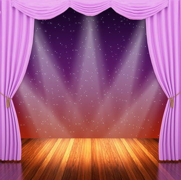 Stage with  pink curtains and spotlight.