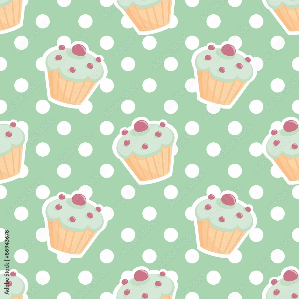 Poster tile vector pattern with cupcakes and polka dots on mint green background