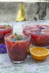 Refreshing red sangria with orange juice and fruit