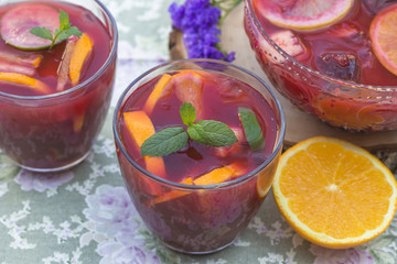 Refreshing red sangria with orange juice and fruit