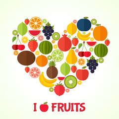 Fruits heart in flat style. Colorful template for cooking