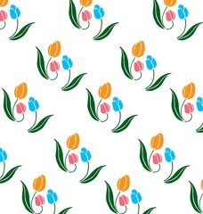 Pattern of  blue and orange tulips and green leaves