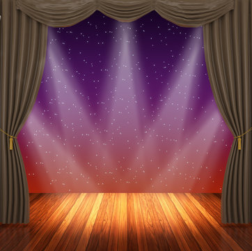 Stage with  brown curtains and spotlight.