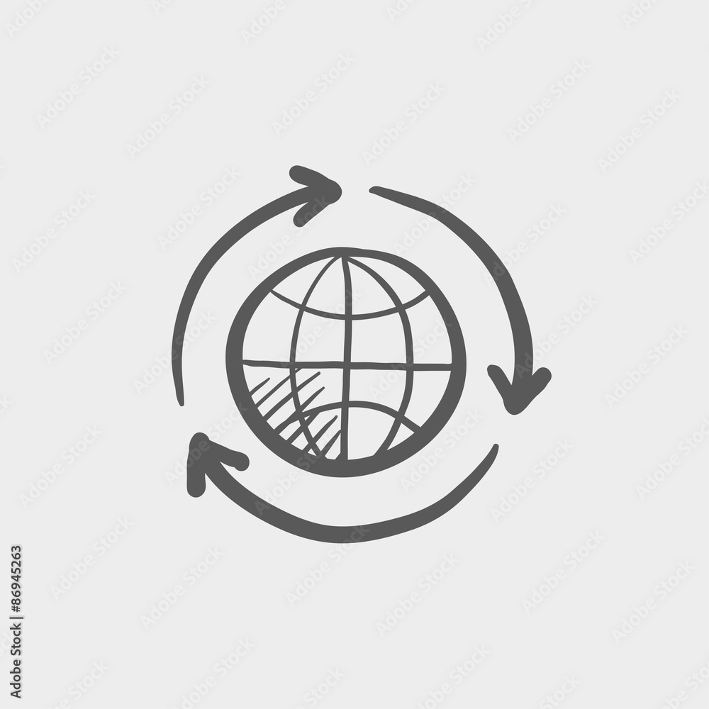 Poster globe with arrow sketch icon.