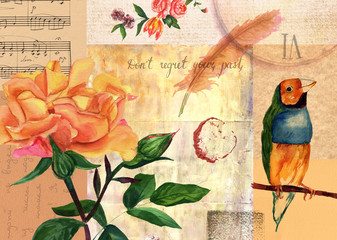 Collage with roses, finch, sheet music, letter, stamps, and calligraphy