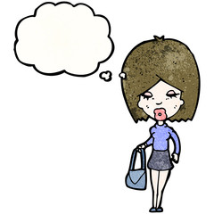 cartoon woman with thought bubble and handbag