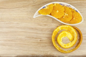 peeled and sliced orange in a porcelain bowl on the table.

