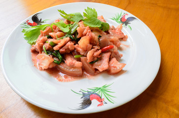 Stir fried pork with Pickled bean curd sauce and onion asian thai food