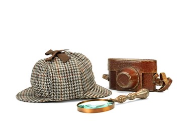 Sherlock Holmes Deerstalker Cap, Vintage Magnifying Glass And Re