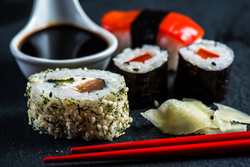 Japanese sushi with chopsticks