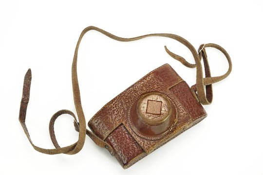 Close-up Of Old Shabby Photo Camera leather Case Isolated