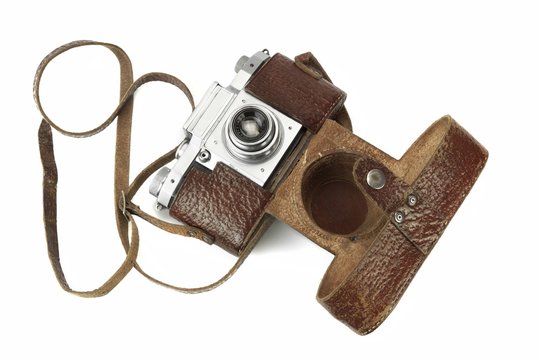 Close-up Of Old Shabby Photo Camera leather Case Isolated