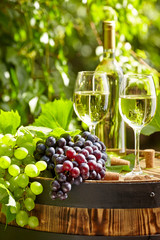 Fototapeta na wymiar Grape and white wine on wooden barrel on garden terrace