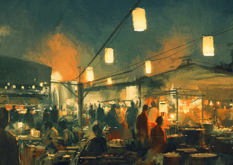 Panele Szklane Podświetlane  tłum ludzi chodzących po rynku w nocy, malarstwo cyfrowe