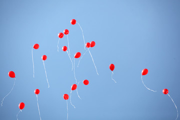 Many red balloons in the sky