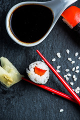 Sushi, chopsticks and wasabi