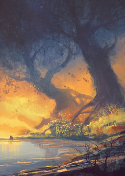 fantasy landscape painting of big trees with huge roots at sunset beach