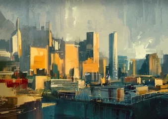 Türaufkleber cityscape painting of urban sky-scrapers at sunset © grandfailure