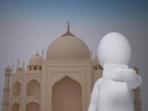 3d Abstract Human, White Man Taking Selfie In Front Of Taj Mahal