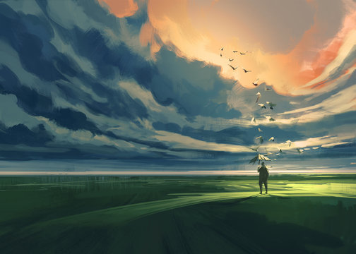 painting of man holding an umbrella standing alone in the meadow watching at the cloudy horizon