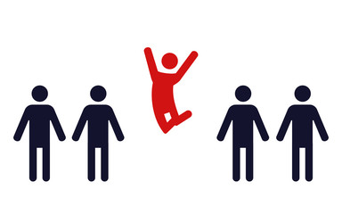 one happy jumping human figure in a row of identical standing men