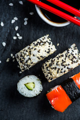 Japanese sushi with chopsticks from above