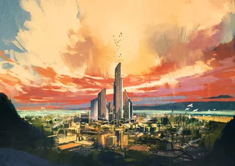 Tuinposter digital painting of futuristic sci-fi city with skyscraper at sunset ,illustration © grandfailure