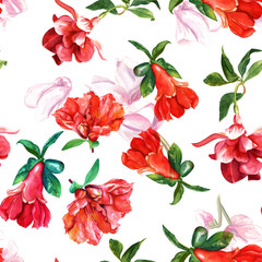 Seamless background pattern with fuchsia and pomegranate flowers