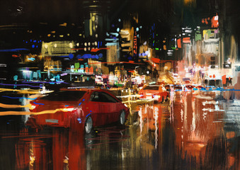 digital painting of city street at night with colorful lights. © grandfailure