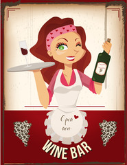 Wine bar poster with grunge effect and retro coloring with a cartoon waitress serving wine