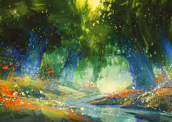 Plakaty  mistyczny niebieski i zielony las z fantastyczną atmosferą, malarstwo ilustracyjne