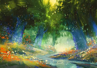  mystic blue and green forest with a fantasy atmosphere,illustration painting © grandfailure