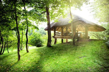 Gazebo on the green lawn