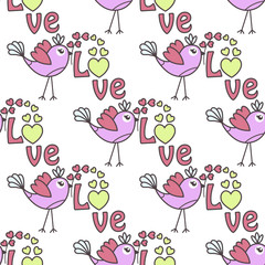 Beautiful seamless pattern with birds and hearts on a white background