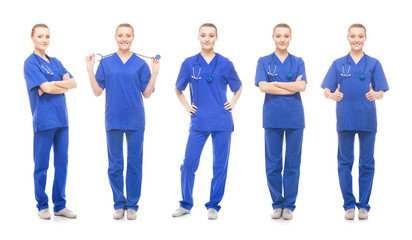 Fototapeta premium Young, attractive medical worker isolated on white. Collection of doctor in different poses.