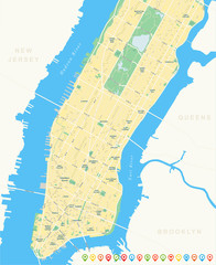 Naklejka premium New York Map - Lower and Mid Manhattan. Highly detailed vector map including all streets, parks, names of subdistricts, points of interests, labels, neighborhoods.
