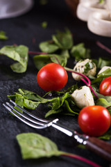 Fresh tomato and mozzarella salad on black slate