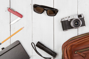 travel,vacation, tourism  concept - set of cool stuff with camer