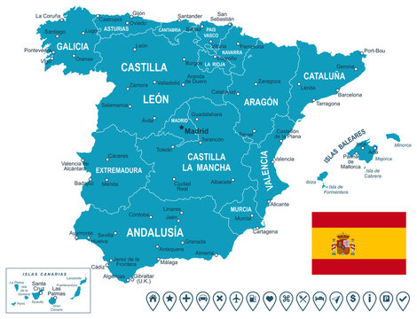 Spain map, flag and navigation labels. Highly detailed vector illustration. Image contains next layers with land contours, country and land names, city names, flag, navigation icons.