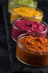 organic vegetable dip selection, food background