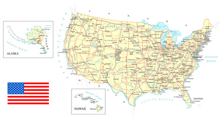 Naklejka premium USA - mapa szczegółowa - ilustracja.Mapa zawiera kontury topograficzne, nazwy kraju i ziemi, miasta, obiekty wodne, drogi, linie kolejowe.