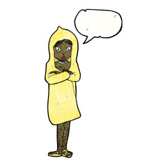 cartoon woman in raincoat with speech bubble