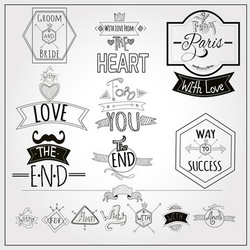 Retro doodle catchwords emblems whiteboard collection