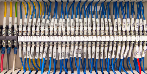 Wiring PLC Control panel with wires industrial factory