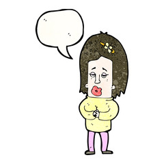 cartoon nervous woman with speech bubble