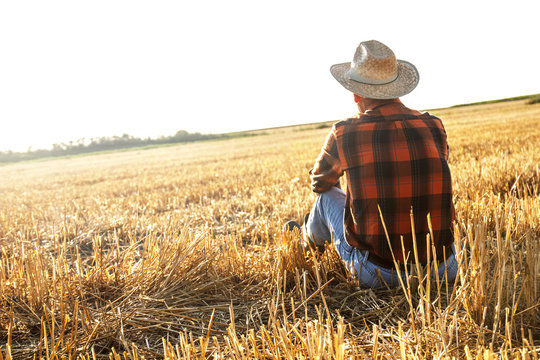 Senior farmer sitting in a wheat field after harvest and looks into the distance