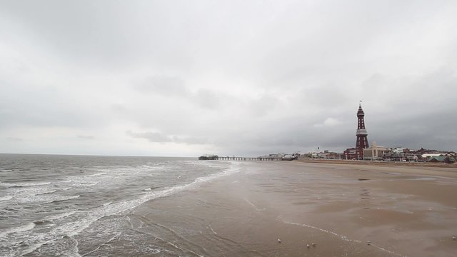 Blackpool Tower and the Beach, Lancashire, England, United Kingdom, Europe