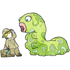 cartoon explorer and giant caterpillar