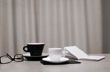 Artwork in retro style,  cup of coffee, glasses