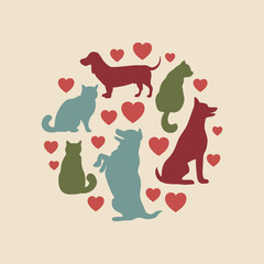 Cats and dogs vector silhouette round composition